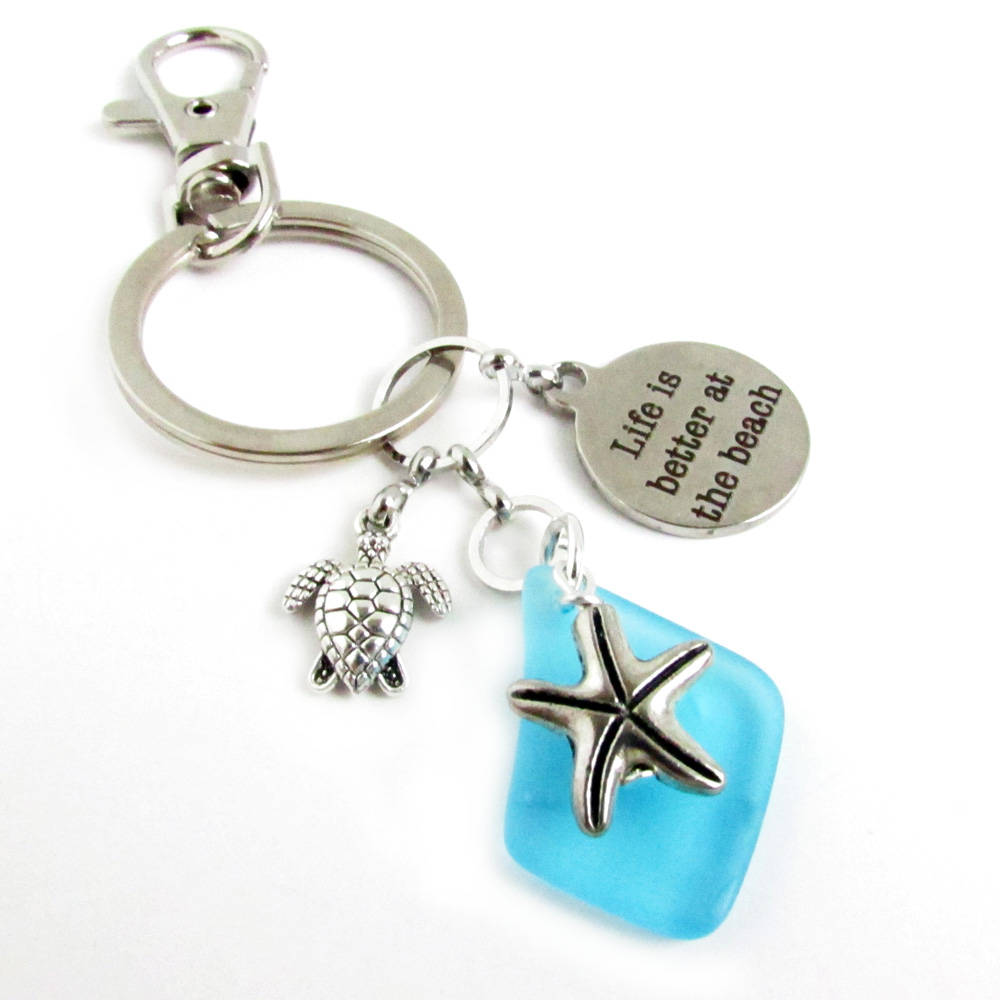 Starfish Keychain with Sea Glass Bead & Turtle Charm – Beach Lover Gift