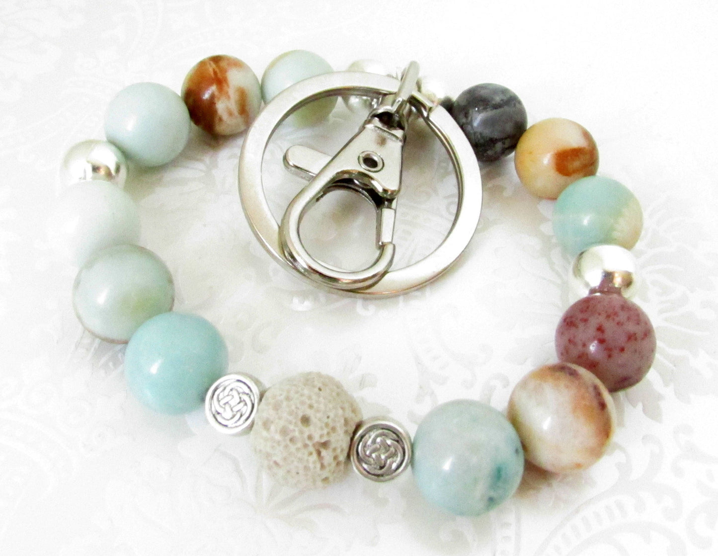 Amazonite Bracelet Keychain – Essential Oil Diffuser Wristlet Lanyard, Coastal Beach Gift