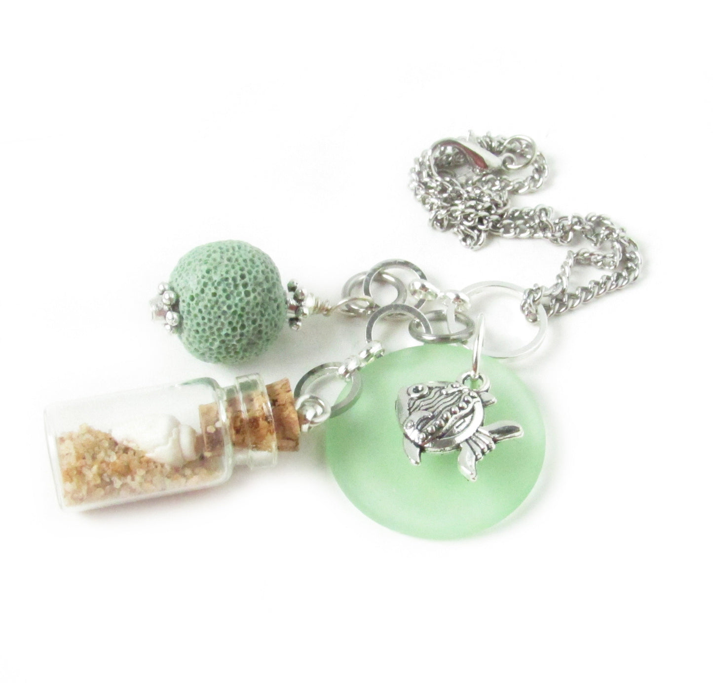 Sea Glass Car Charm – Beach Bottle & Fish Charm Rear View Mirror Diffuser, Coastal Ocean Gift