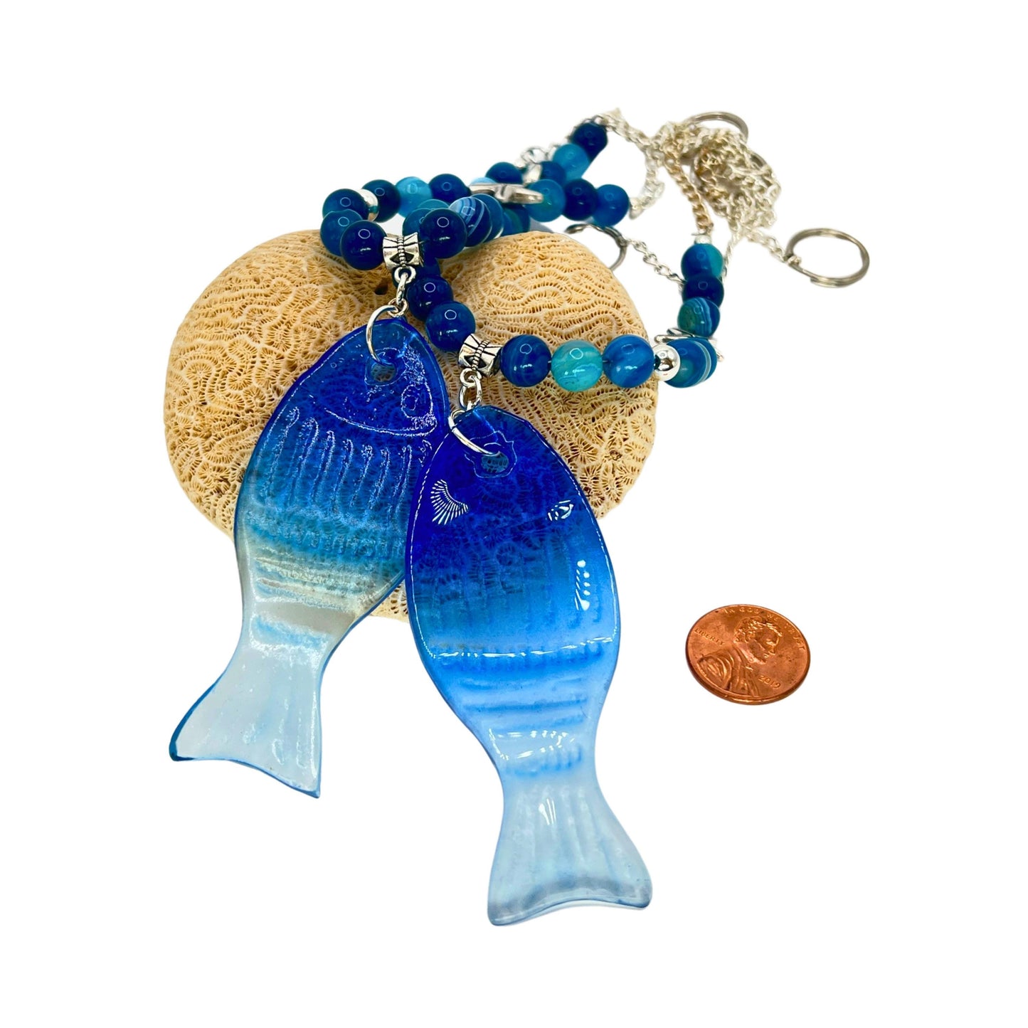 Blue Glass Fish Curtain Tiebacks – Ombre Beaded Nautical Beach Home Decor, Handmade Set of 2