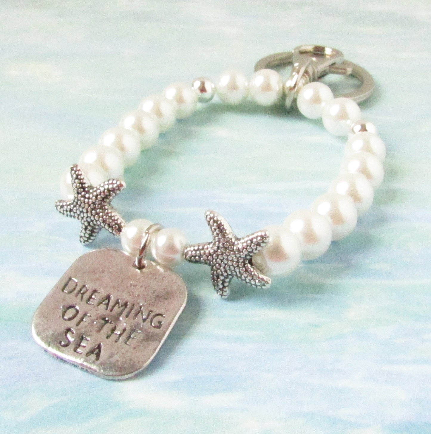 Pearl Bracelet Keychain – Starfish Charms & Beach Quote Wristlet, Elegant Coastal Gift for Her