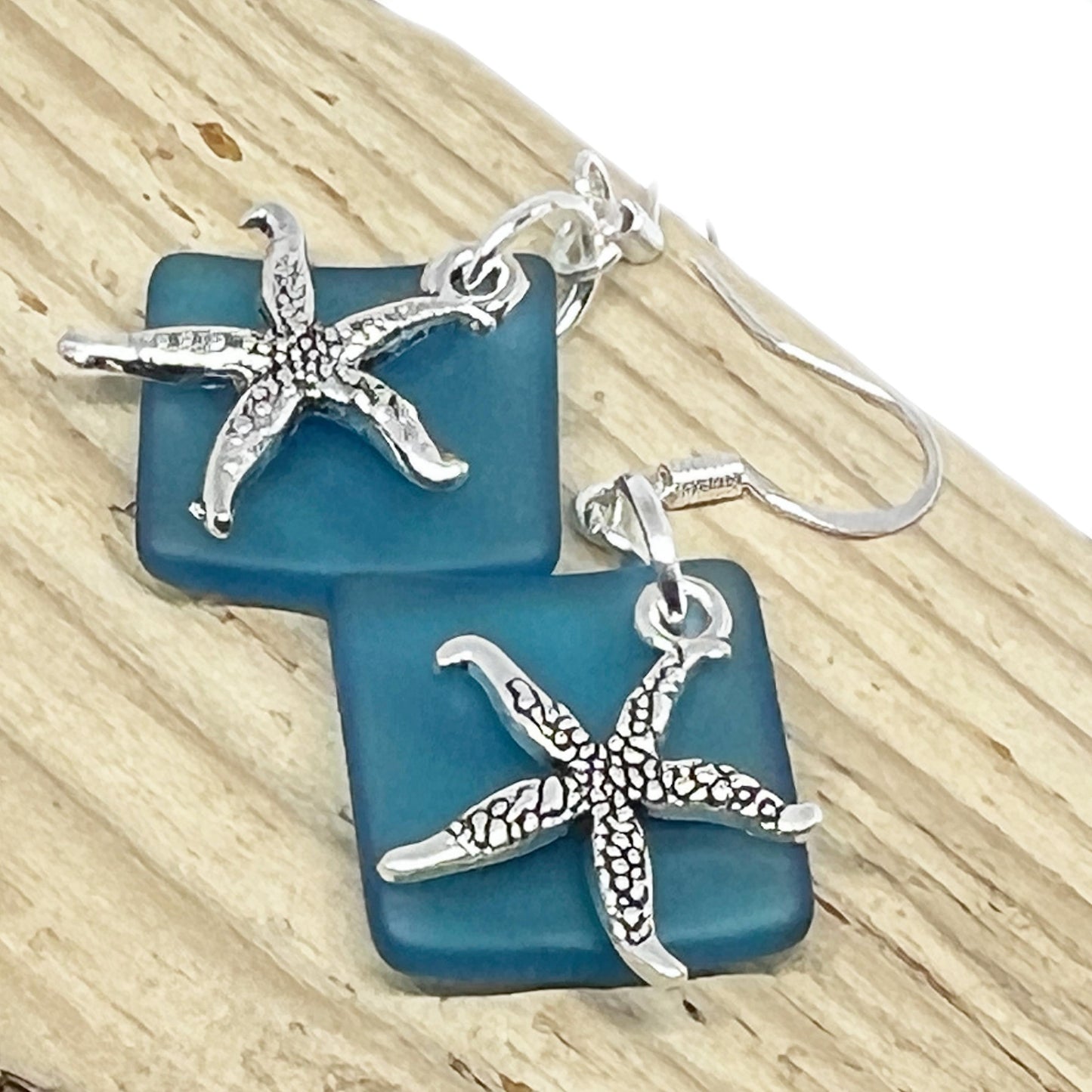 Sea Glass Starfish Earrings – Ocean Blue or Green Dangle Drop, Handmade Coastal Beach Gift