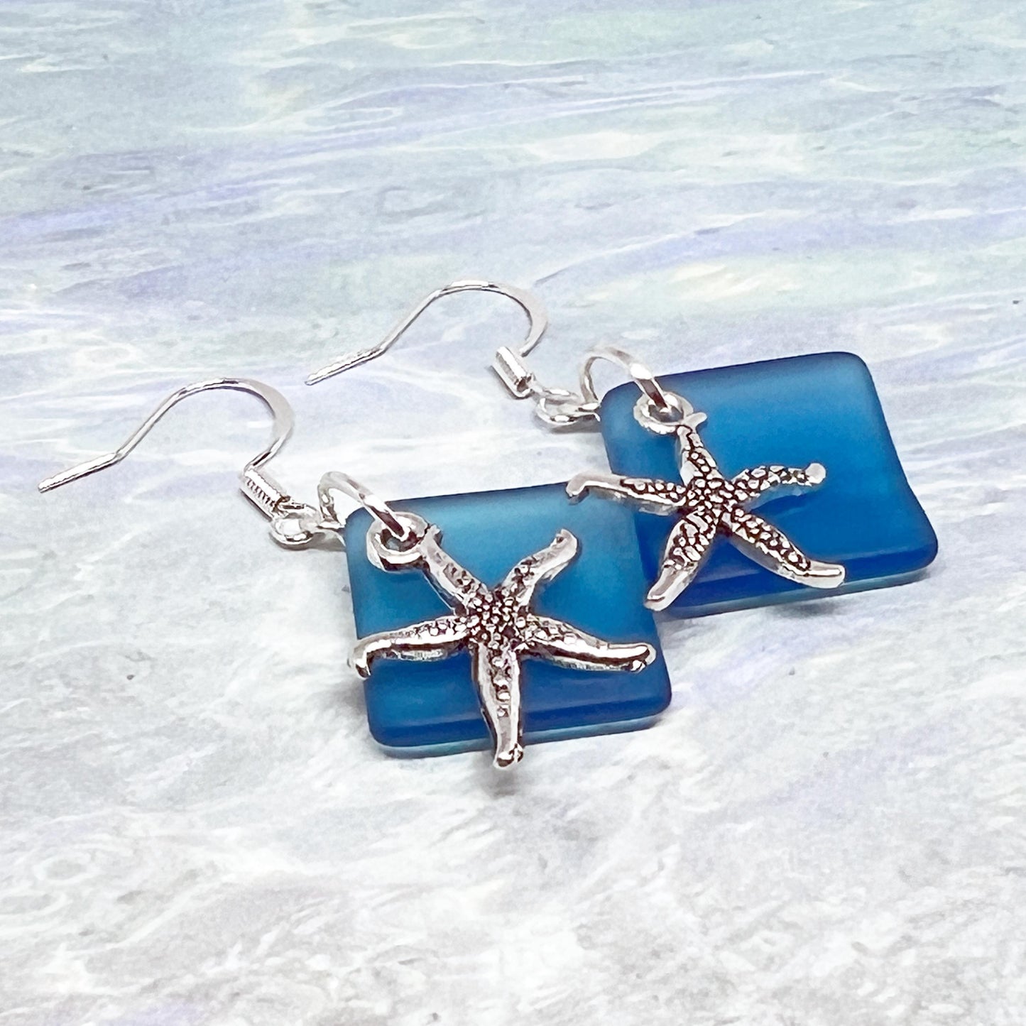 Sea Glass Starfish Earrings – Ocean Blue or Green Dangle Drop, Handmade Coastal Beach Gift