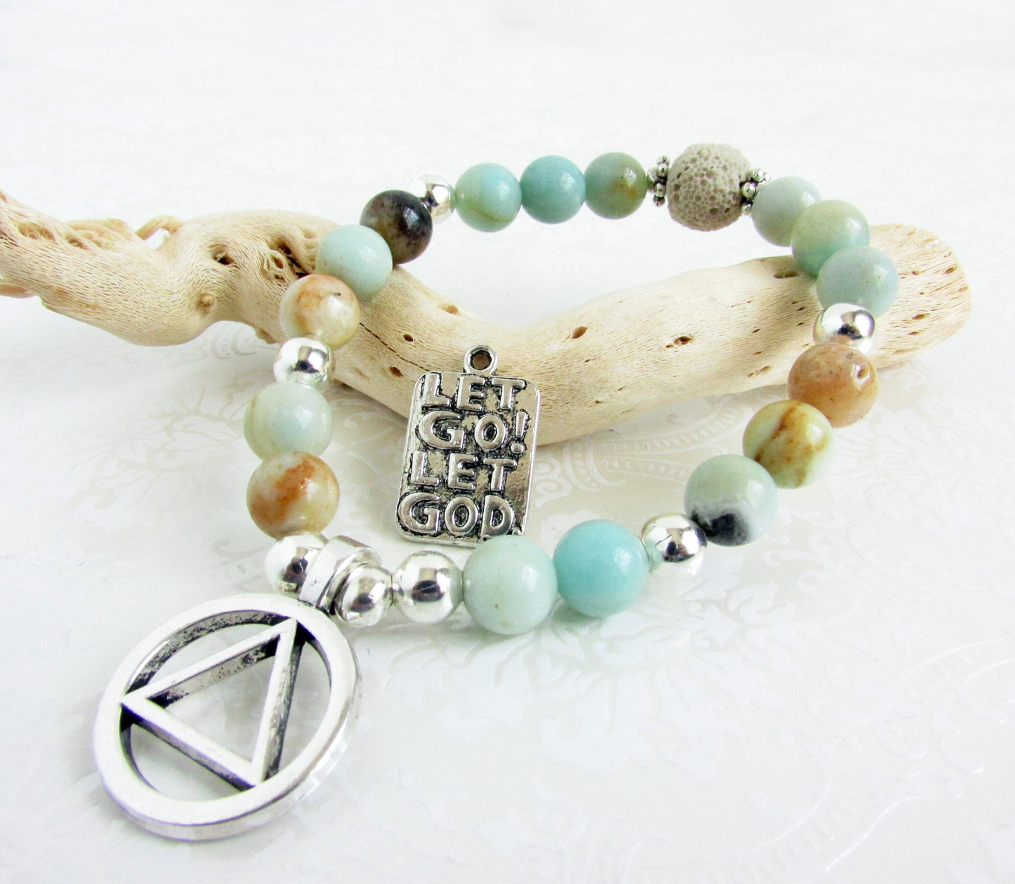 Natural amazonite and lava stone stretch bracelet with AA symbol or Let Go Let God charm, sobriety milestone gift