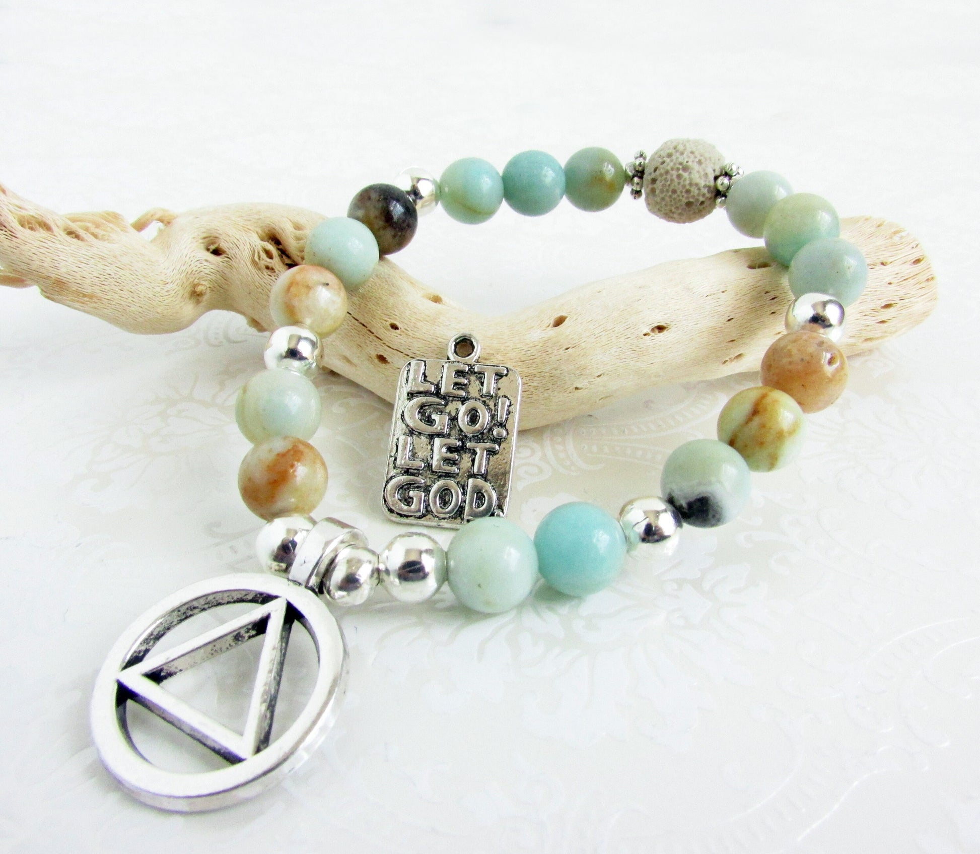 Natural amazonite and lava stone stretch bracelet with AA symbol or Let Go Let God charm, sobriety milestone gift