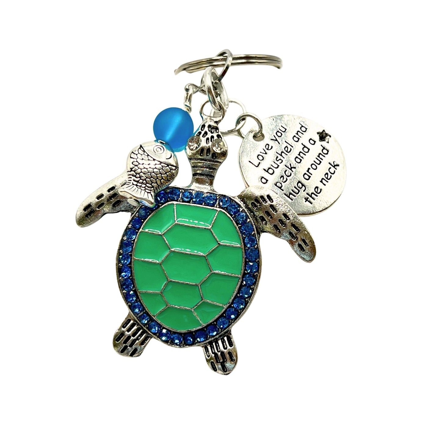 Sea Turtle Keychain with Love Quote Charm – Enamel Ocean Purse Charm & Nautical Keyring Gift