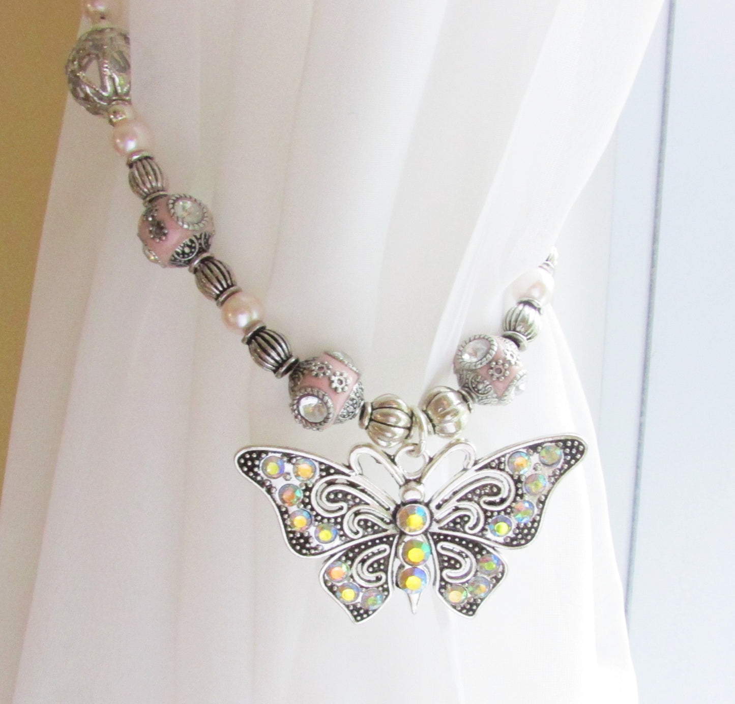 Handmade rhinestone butterfly curtain tiebacks with pink ornate beads and pearl accents, nursery girls room decor set of 2