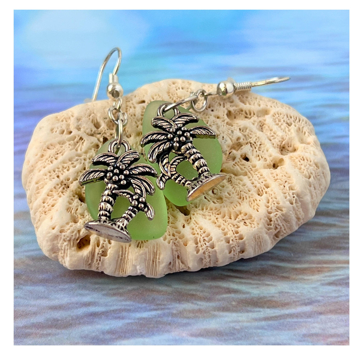 Palm Tree Dangle Earrings - Sea Glass Beach Jewelry