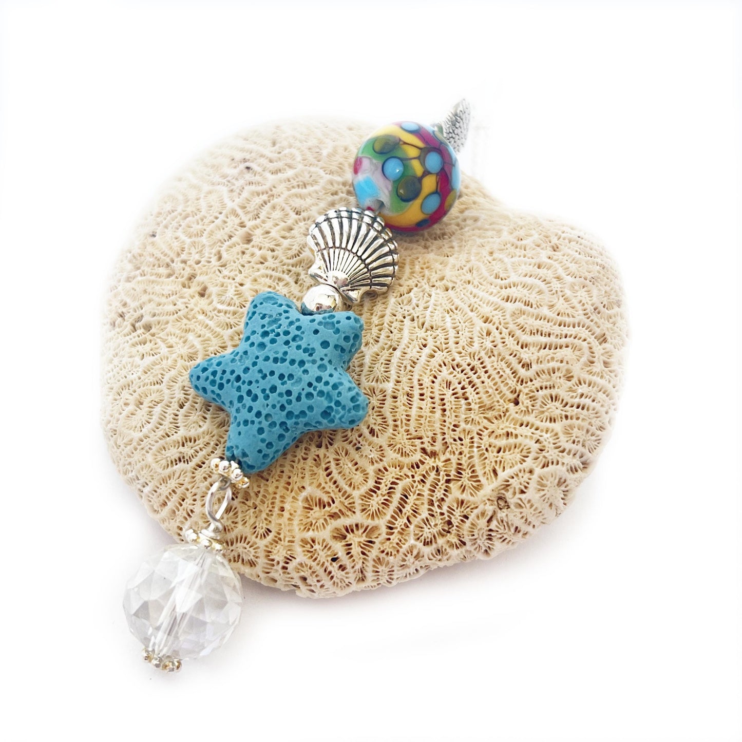 Starfish Car Charm – Beachy Rear View Mirror Diffuser with Lava Bead & Fish Charms
