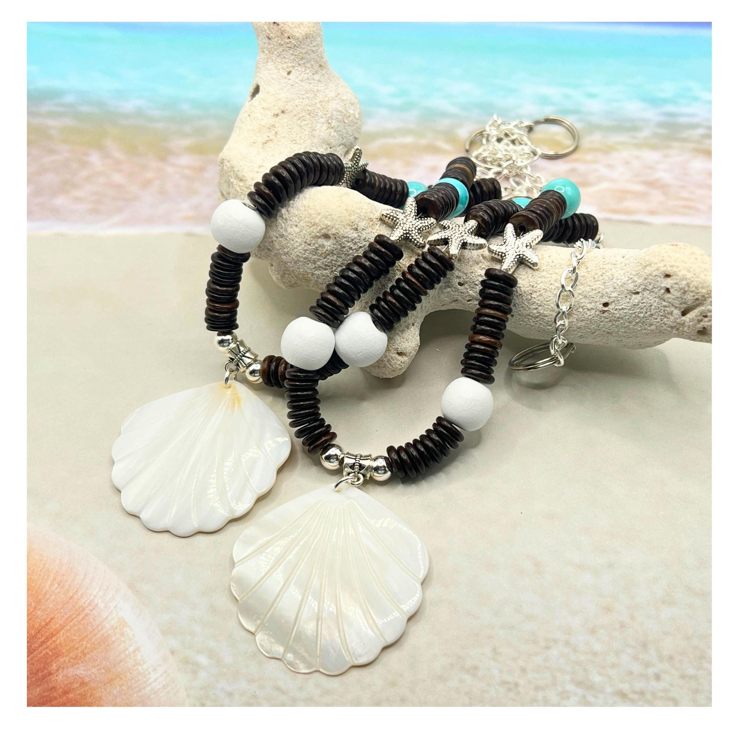 Seashell Curtain Tiebacks – Wood Bead & Starfish Coastal Beach Decor, Set of 2