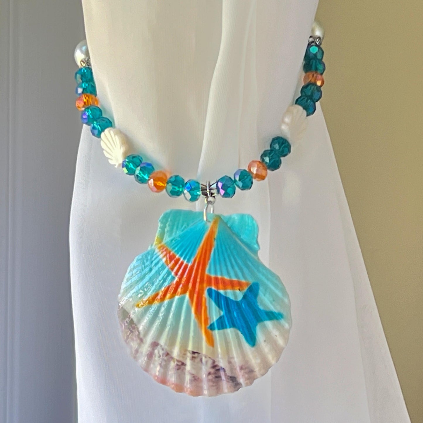 Sea Shell Curtain Tiebacks – Hand-Painted Shell Beaded Coastal Home Decor, Handmade Set of 2