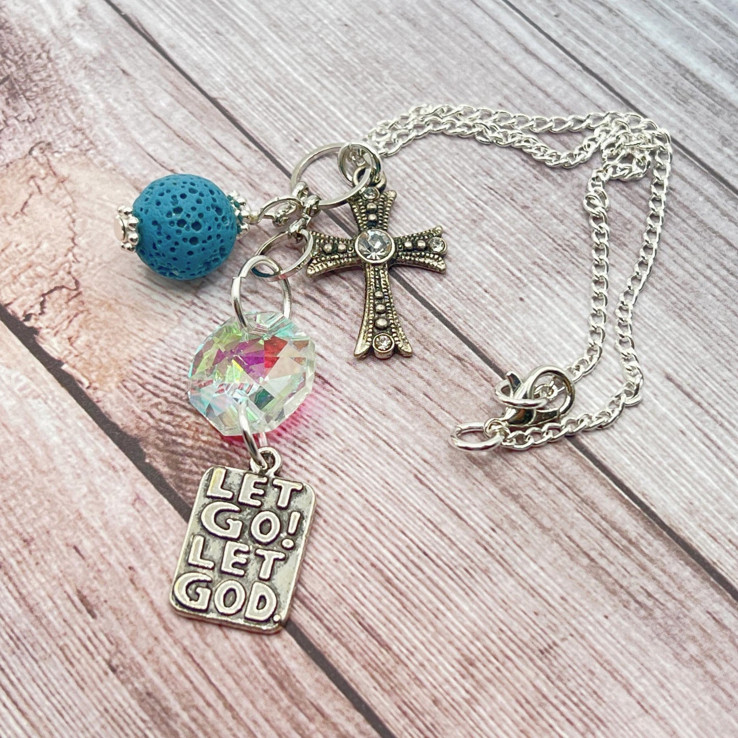 Cross Car Charm – Let Go Let God Rear View Mirror Dangle with Lava Bead Diffuser, Faith & Sobriety Gift