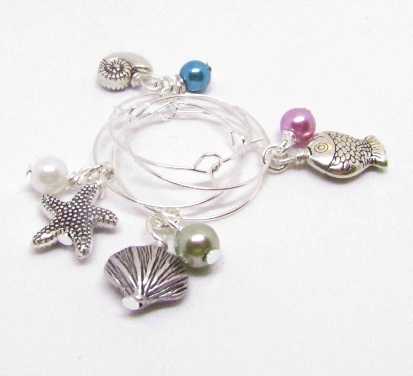 Beach Wine Glass Charms – Shell, Fish & Starfish with Pearl Beads, Coastal Hostess Gift Set of 4