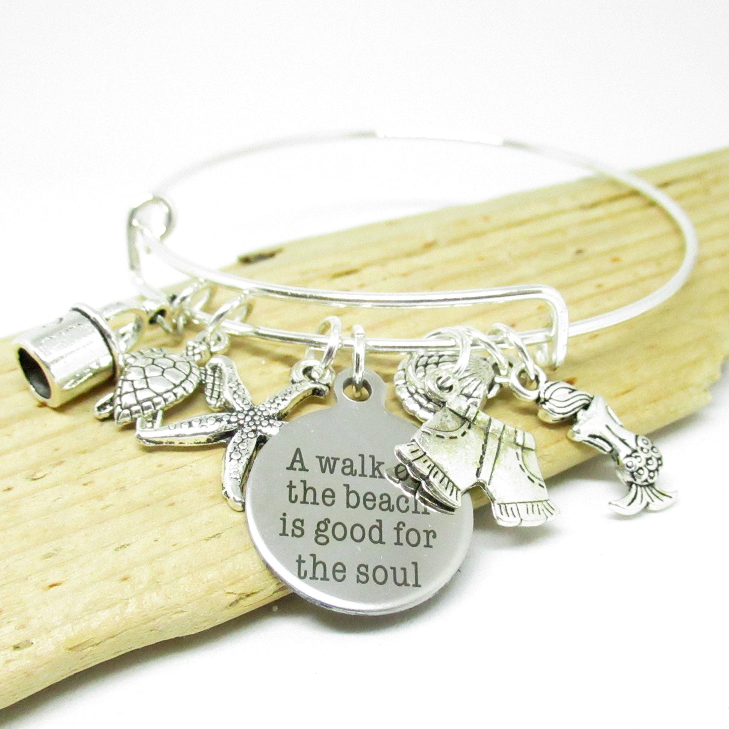 Beach Charm Bangle Bracelet – Sea Turtle, Mermaid & Starfish Ocean Jewelry, Coastal Gift