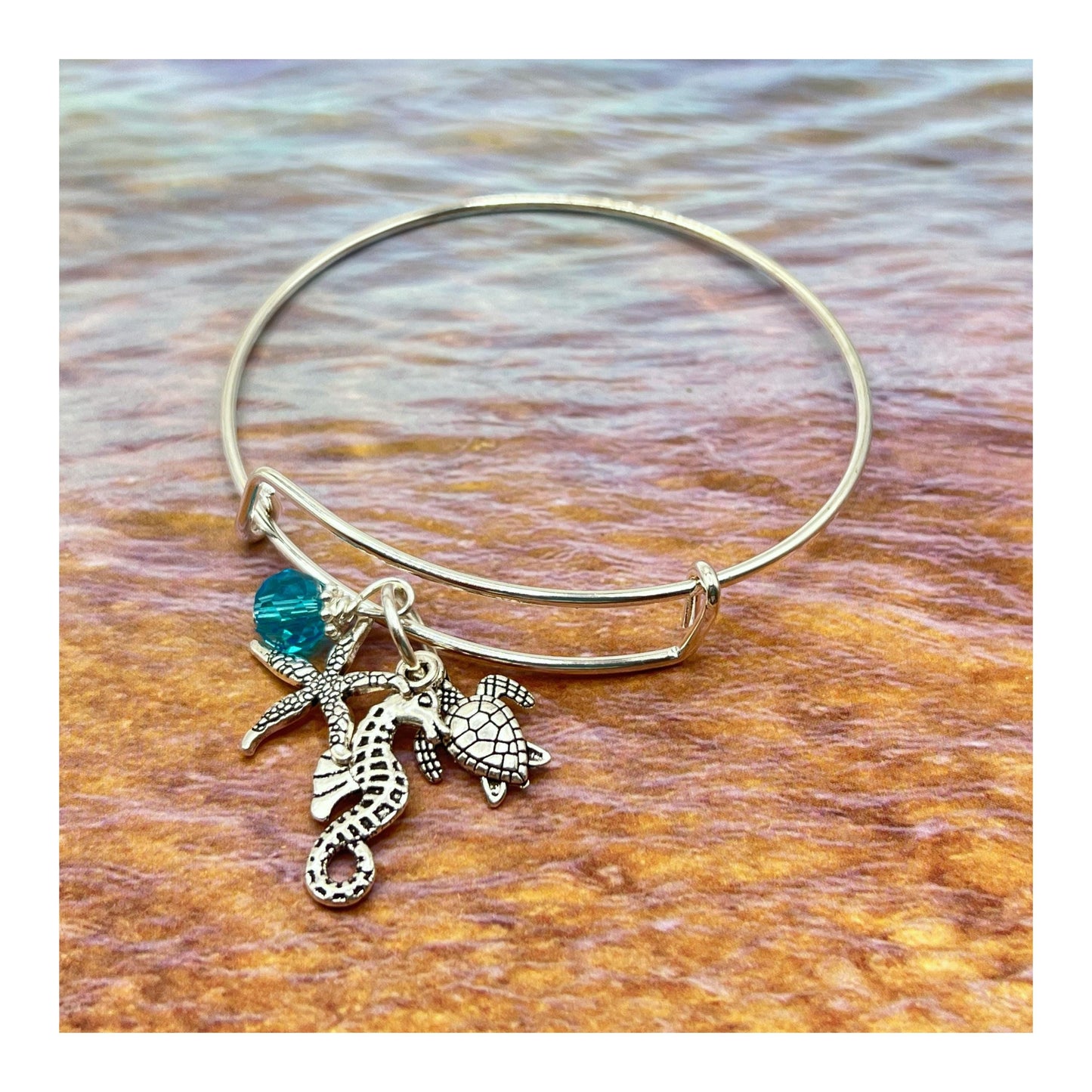 Sea Turtle Bangle Bracelet – Starfish & Seahorse Charms, Handmade Ocean Beach Jewelry Gift