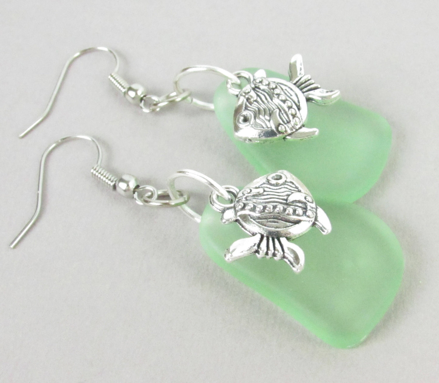 Sea Glass Goldfish Dangle Earrings – Green Eco-Friendly Coastal Beach Jewelry Gift for Her