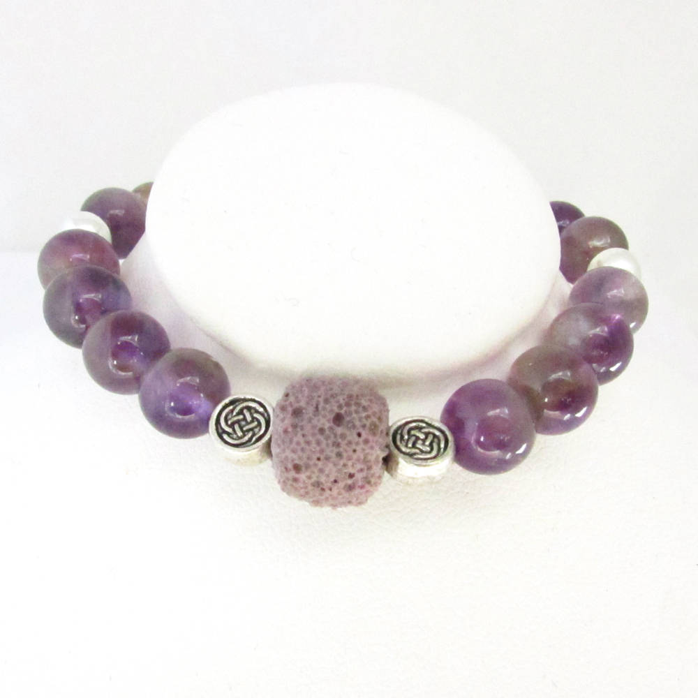 Purple stretch keychain bracelet with lava bead and sturdy hook, yoga and meditation gift for her