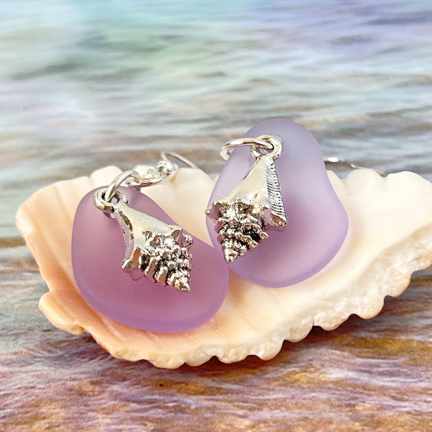 Sea Glass Shell Earrings – Matte Lavender or Ocean Blue, Eco-Friendly Coastal Beach Jewelry