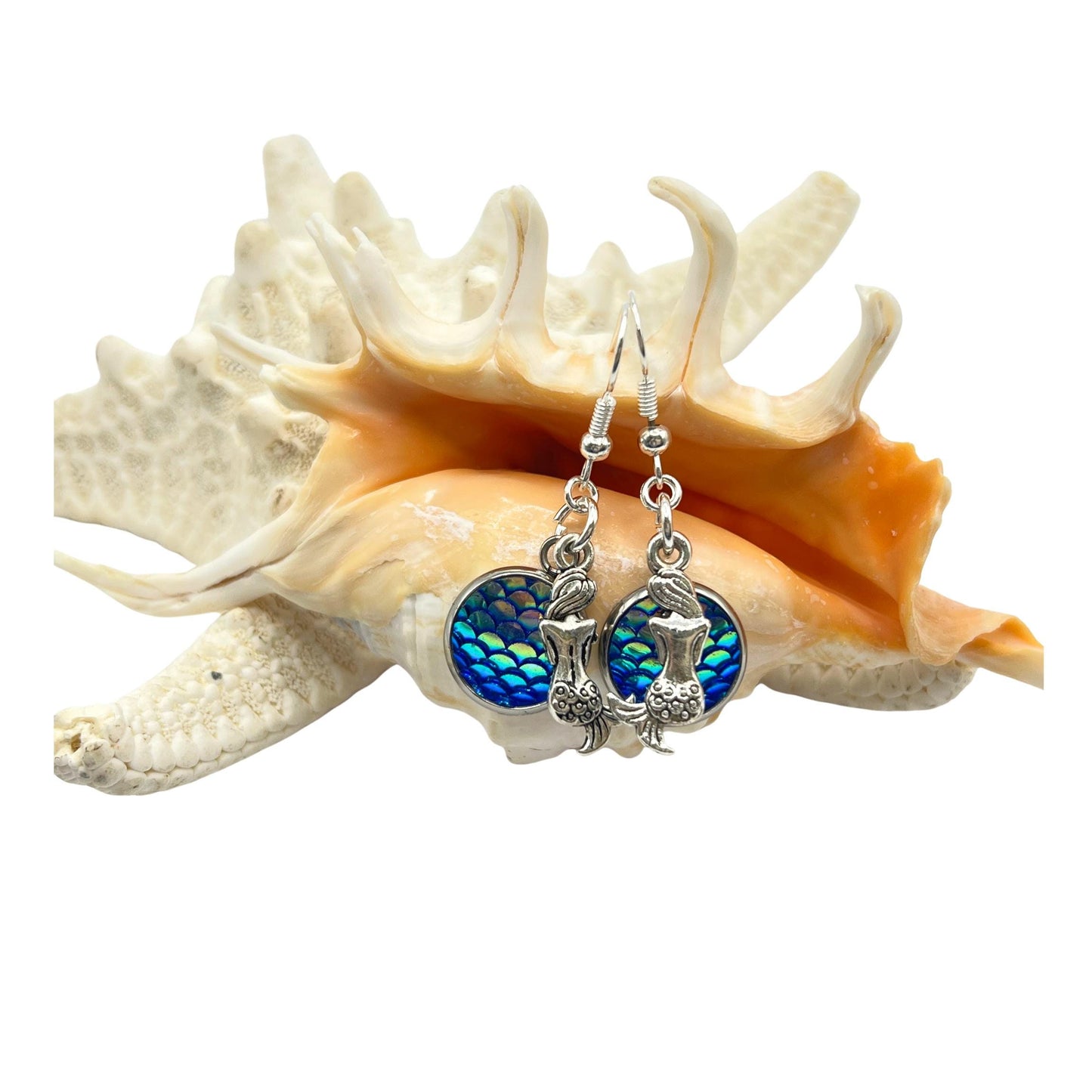 Mermaid Scale Dangle Earrings – Iridescent Fish Scale & Tiny Mermaid Charms, Coastal Ocean Gift