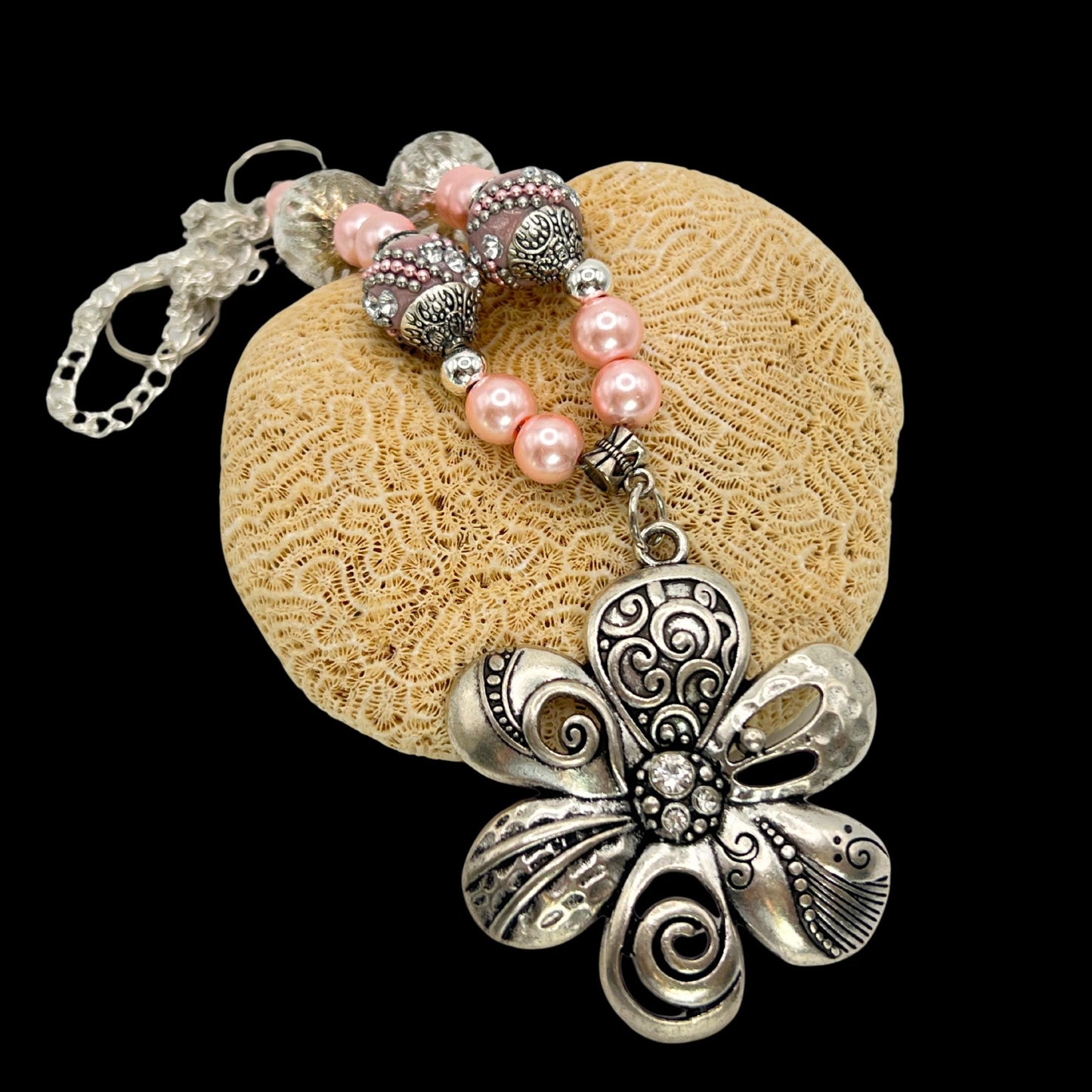 pink crystal beaded curtain tieback set with silver flower focal and chain, girls room romantic window decor