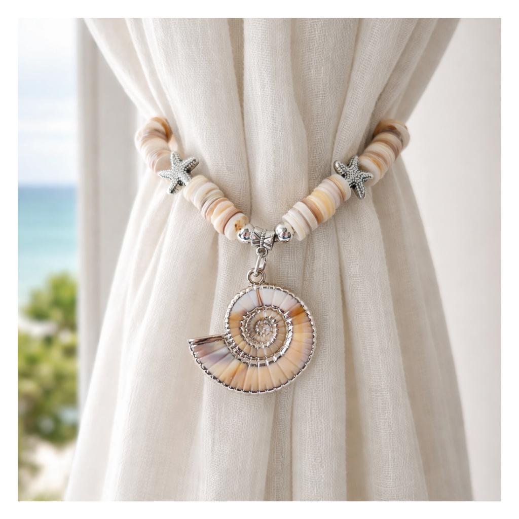 Seashell Curtain Tiebacks – Conch Shell & Coconut Bead Handmade Coastal Decor, Set of 2