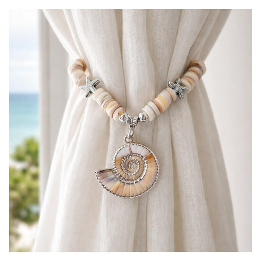 Seashell Curtain Tiebacks – Conch Shell & Coconut Bead Handmade Coastal Decor, Set of 2