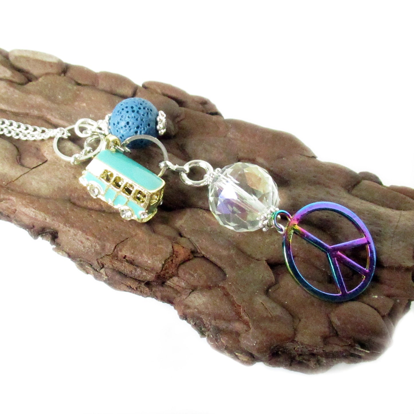Peace Sign Car Charm – Boho Rear View Mirror Diffuser with Lava Bead & Retro Bus Charm