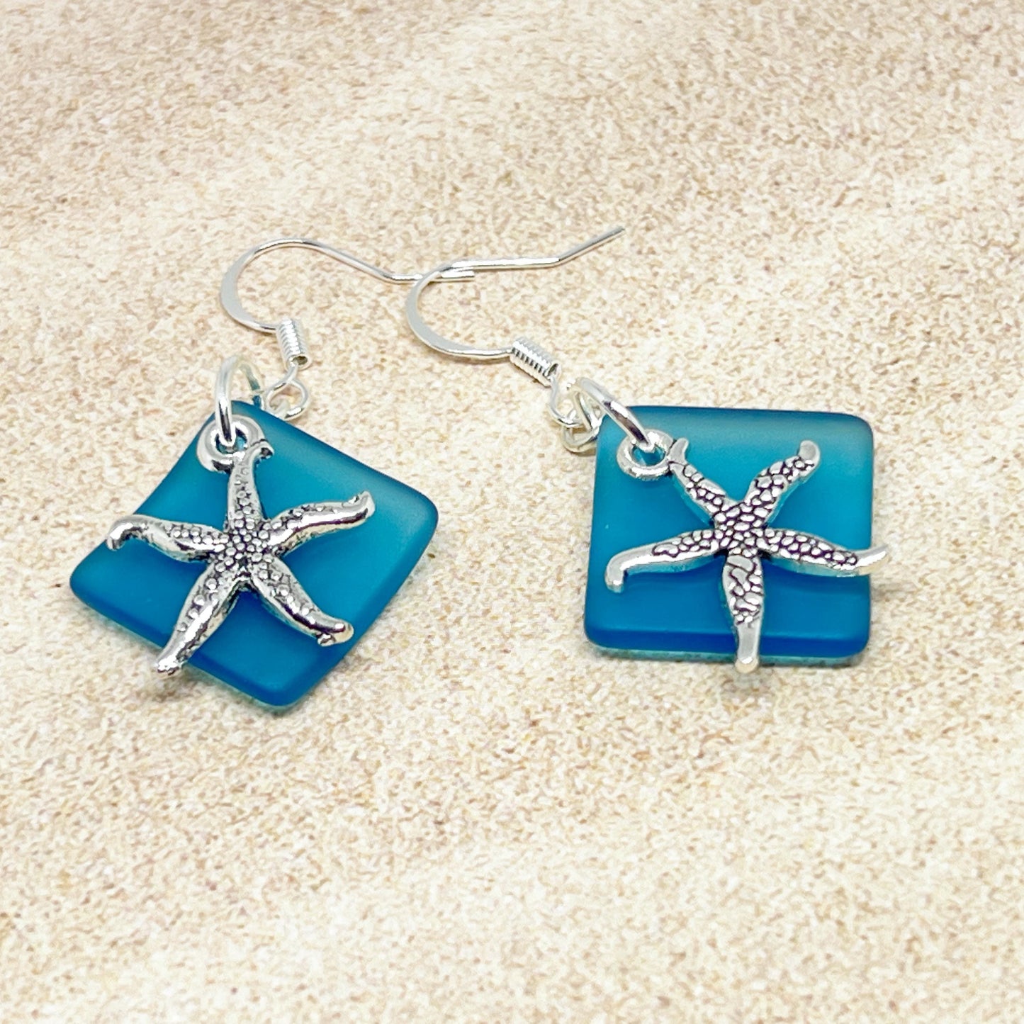 Sea Glass Starfish Earrings – Ocean Blue or Green Dangle Drop, Handmade Coastal Beach Gift