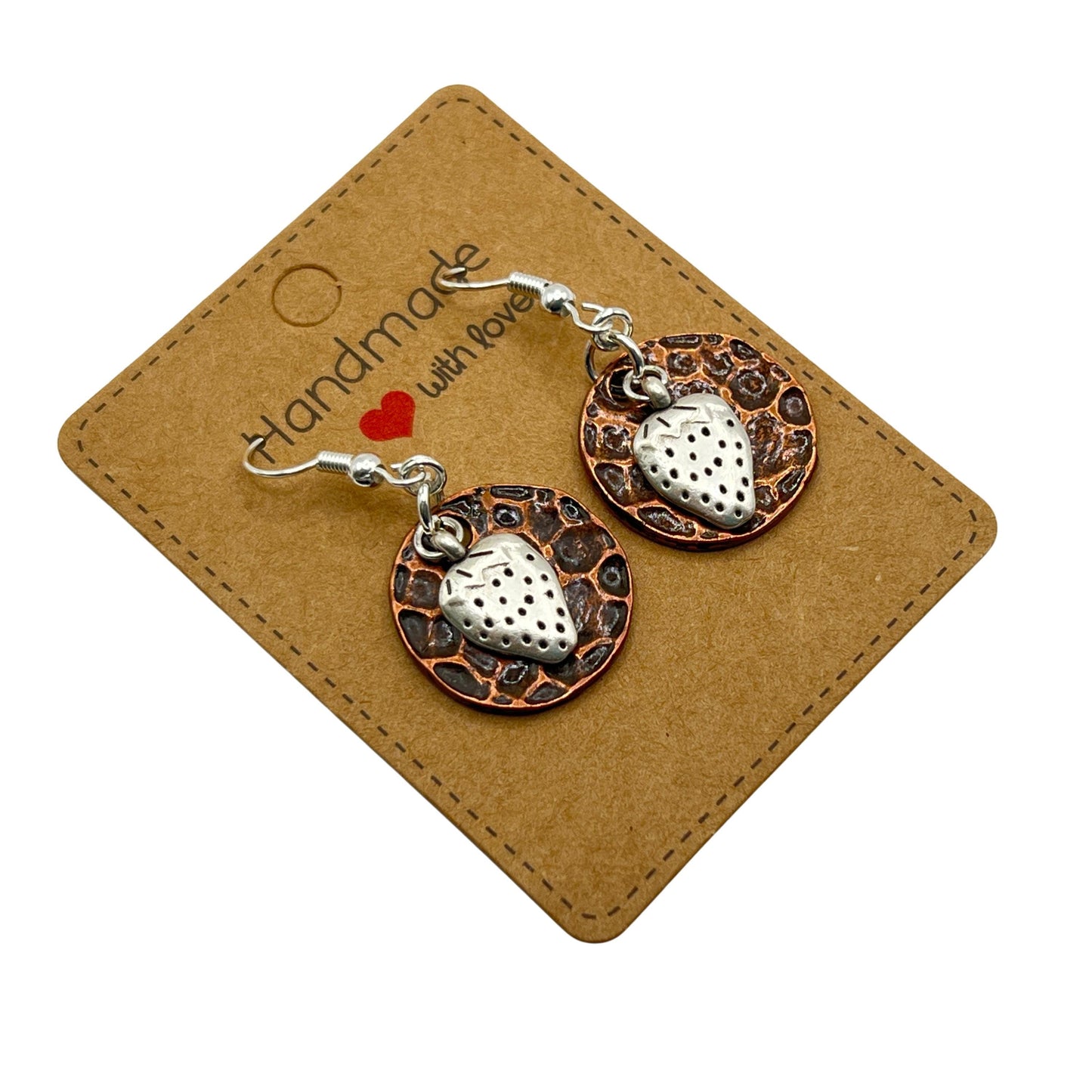 Strawberry Charm Dangle Earrings – Hammered Copper & Silver Disc, Whimsical Fruit Jewelry Gift