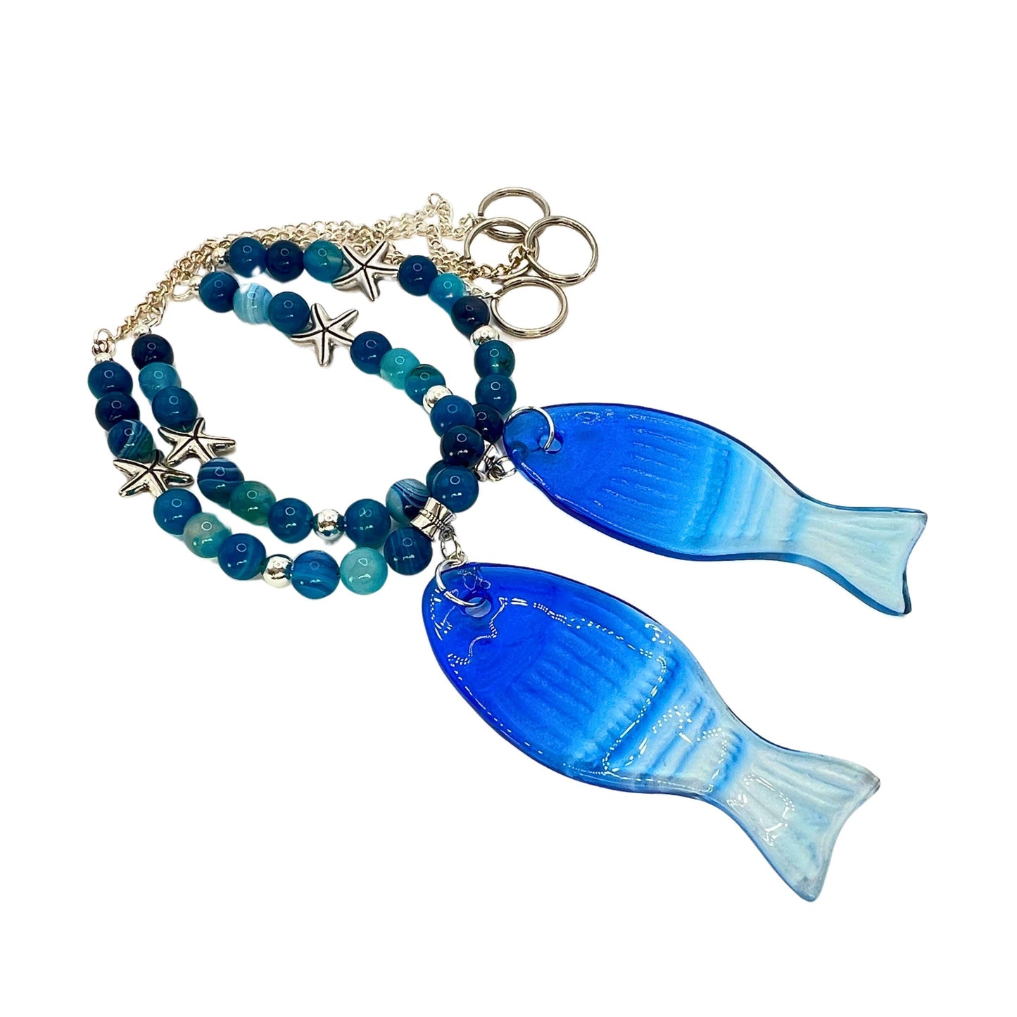 Blue Glass Fish Curtain Tiebacks – Ombre Beaded Nautical Beach Home Decor, Handmade Set of 2