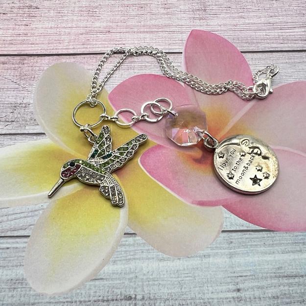 Car Rearview Charm: Colorful Hummingbird - Crystal and Quote Detail