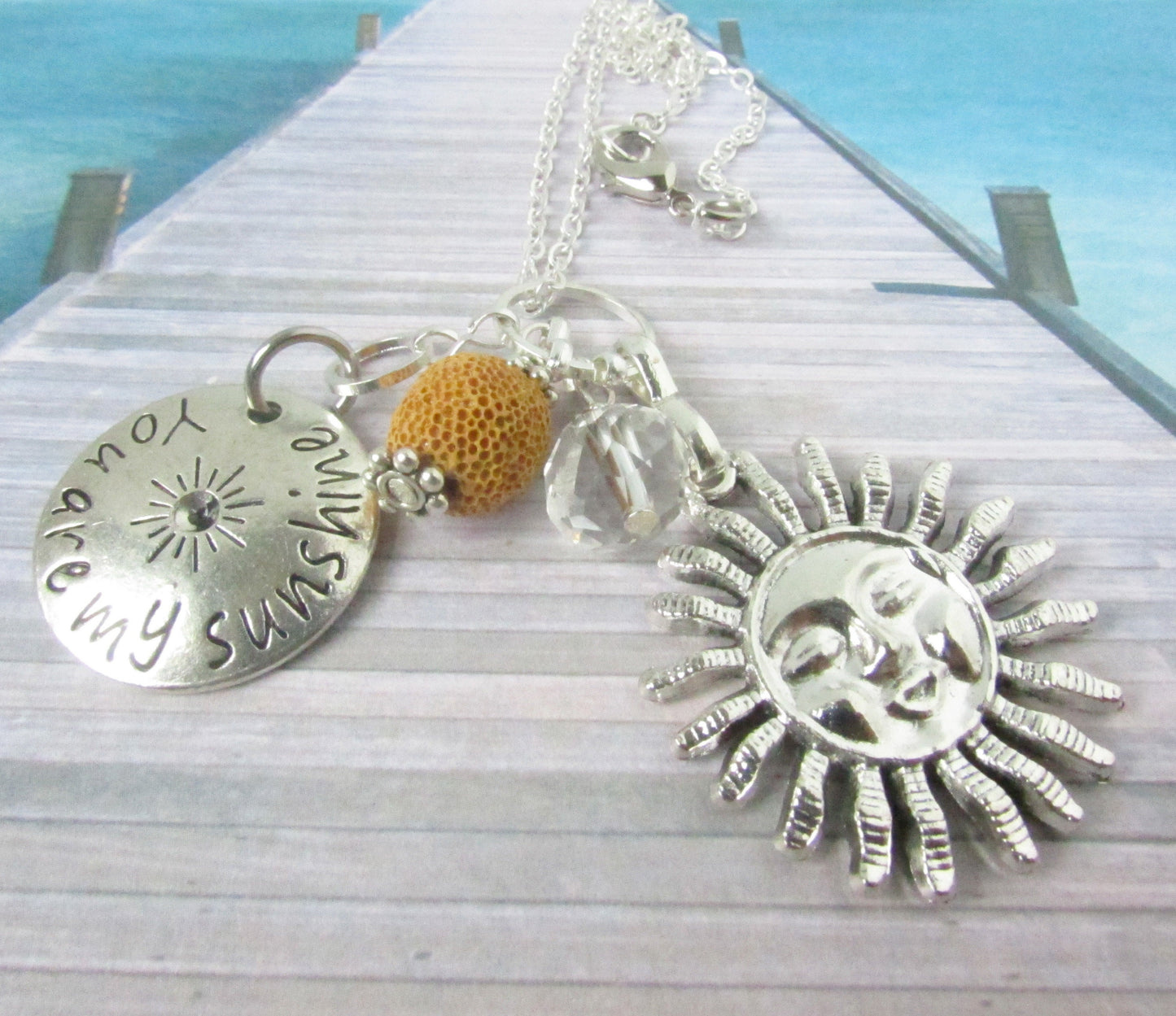 Sun Car Charm – Rear View Mirror Charm with Mustard Lava Bead & You Are My Sunshine Quote