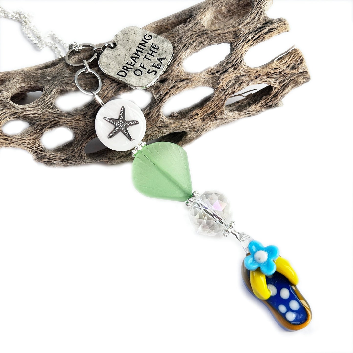 Sea Glass Car Charm – Flip Flop & Starfish Rear View Mirror Ornament with Beach Quote