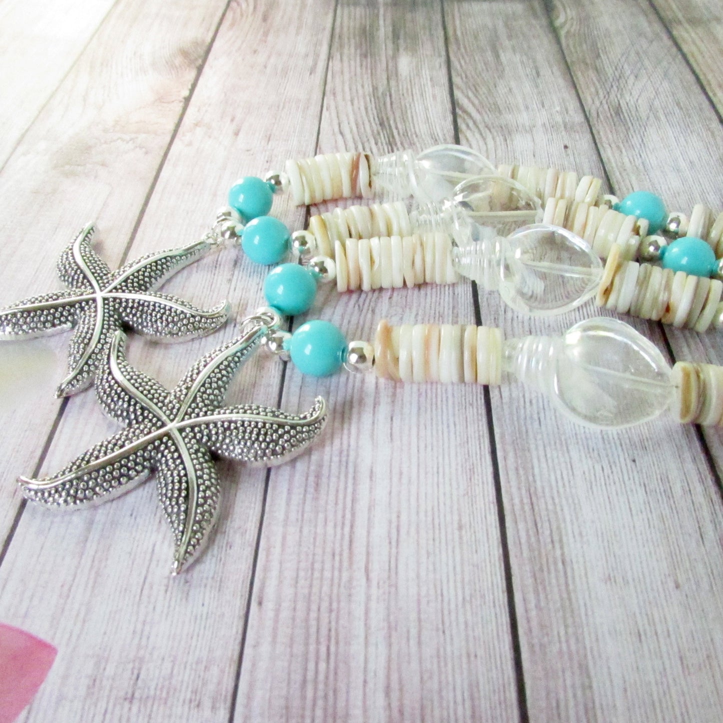 Starfish Curtain Tiebacks – Silver Starfish, Resin Shell & Sea Blue Beads, Coastal Beach House Decor (Set of 2)