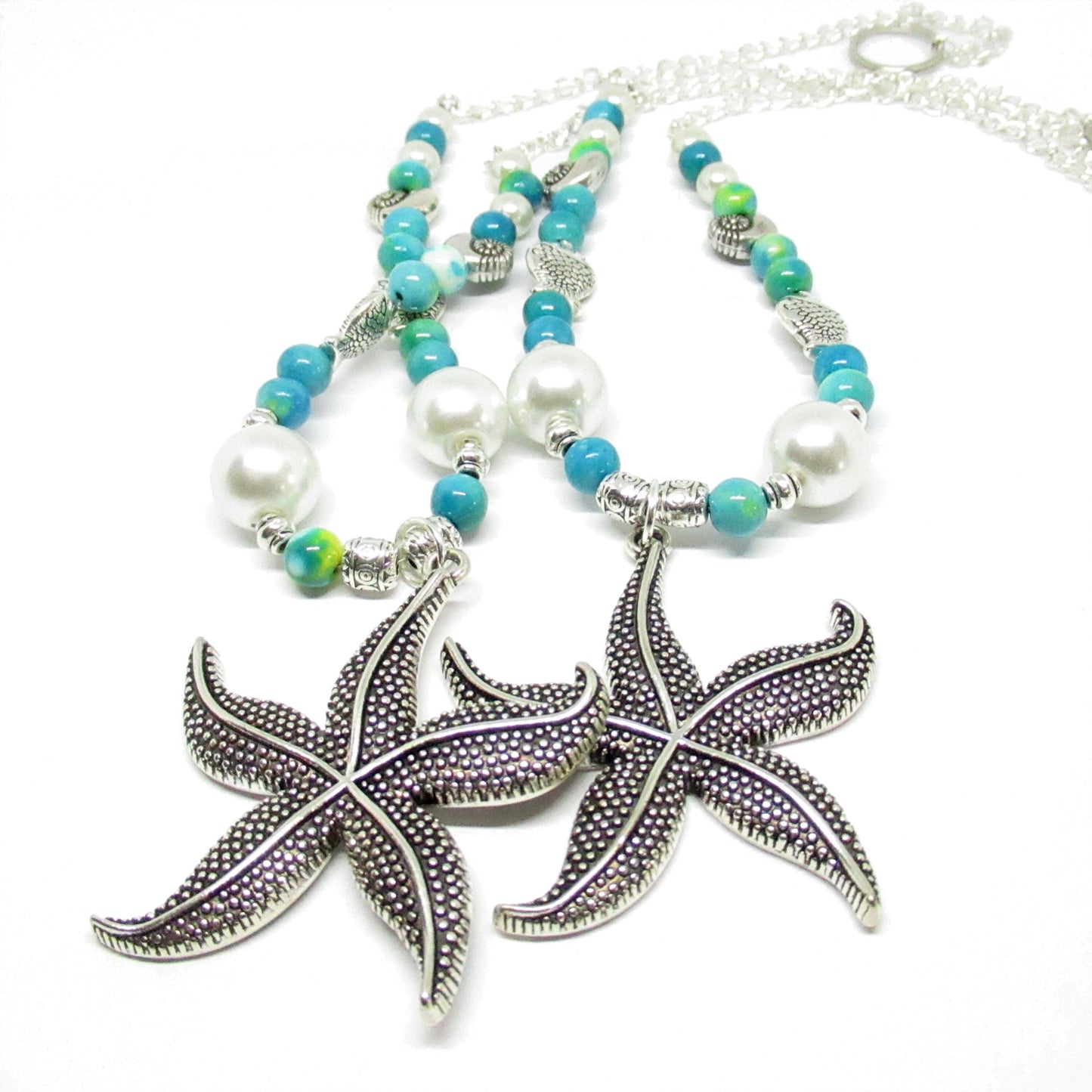 Starfish Curtain Tiebacks – Sea Blue & Green Beaded Nautical Beach Decor, Set of 2
