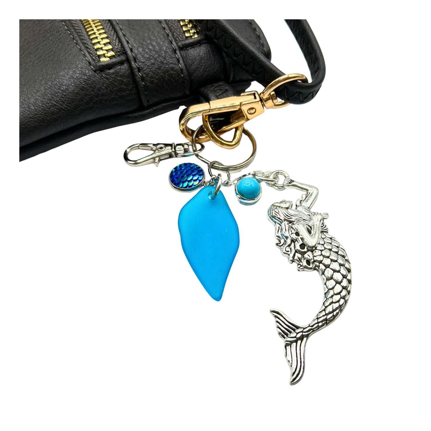 Mermaid Keychain – Large Silver Charm & Blue Sea Glass, Coastal Purse Charm (Keychain or Car Charm)