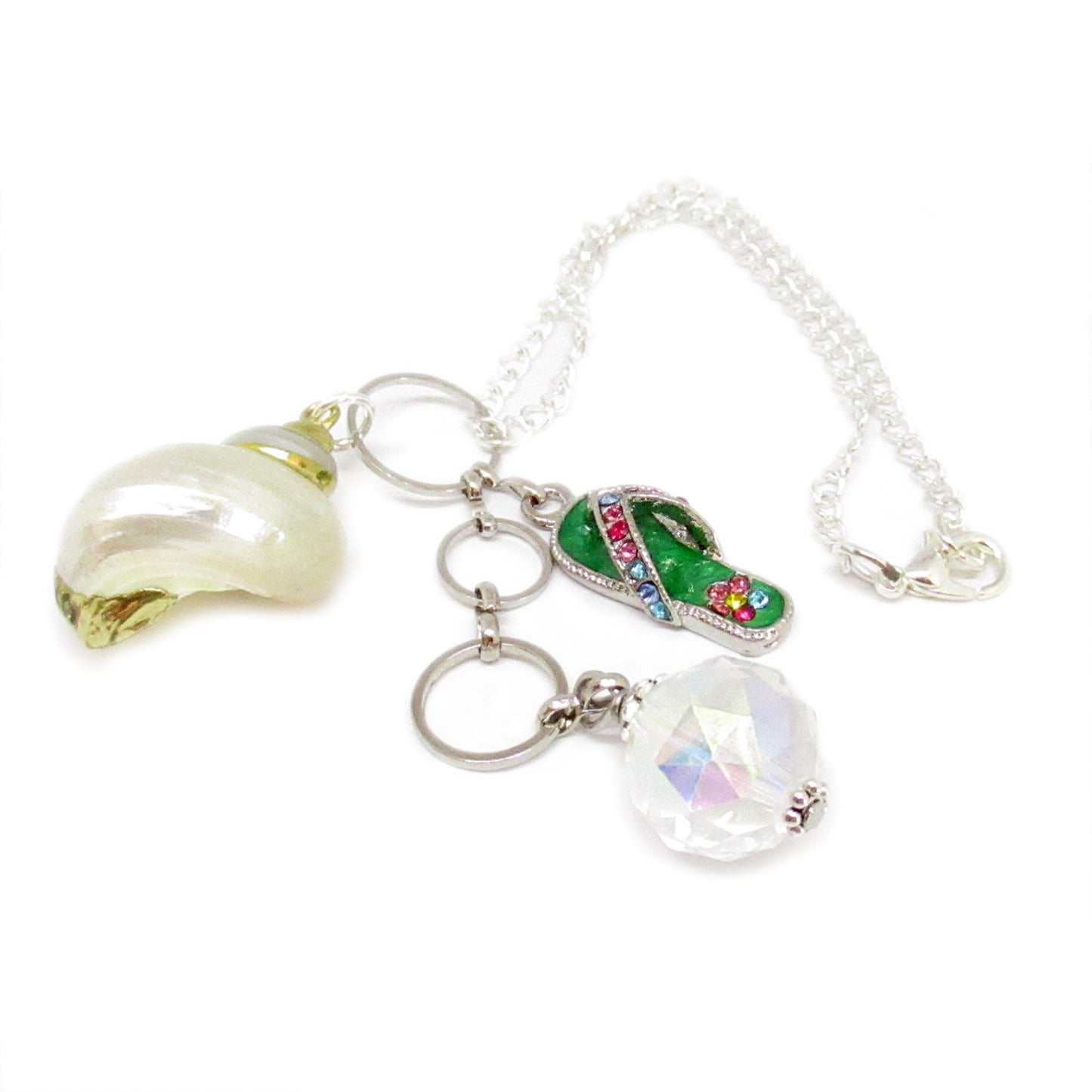 Seashell Car Charm – Beach Rearview Mirror Dangle with Flip Flop & Crystal, New Driver Gift