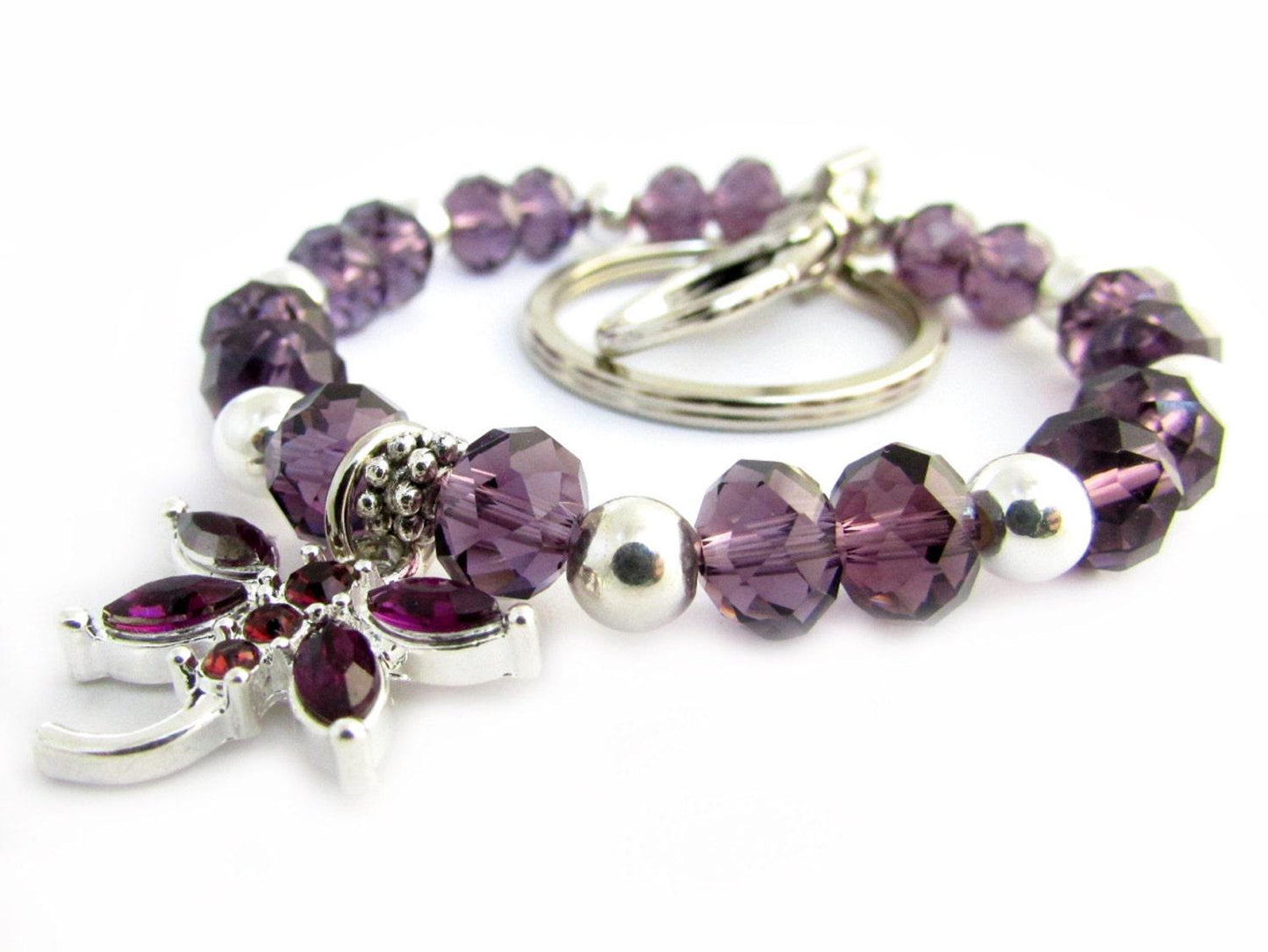 Purple Dragonfly Crystal Keychain Bracelet – Beaded Wrist Lanyard, Handmade Gift for Her