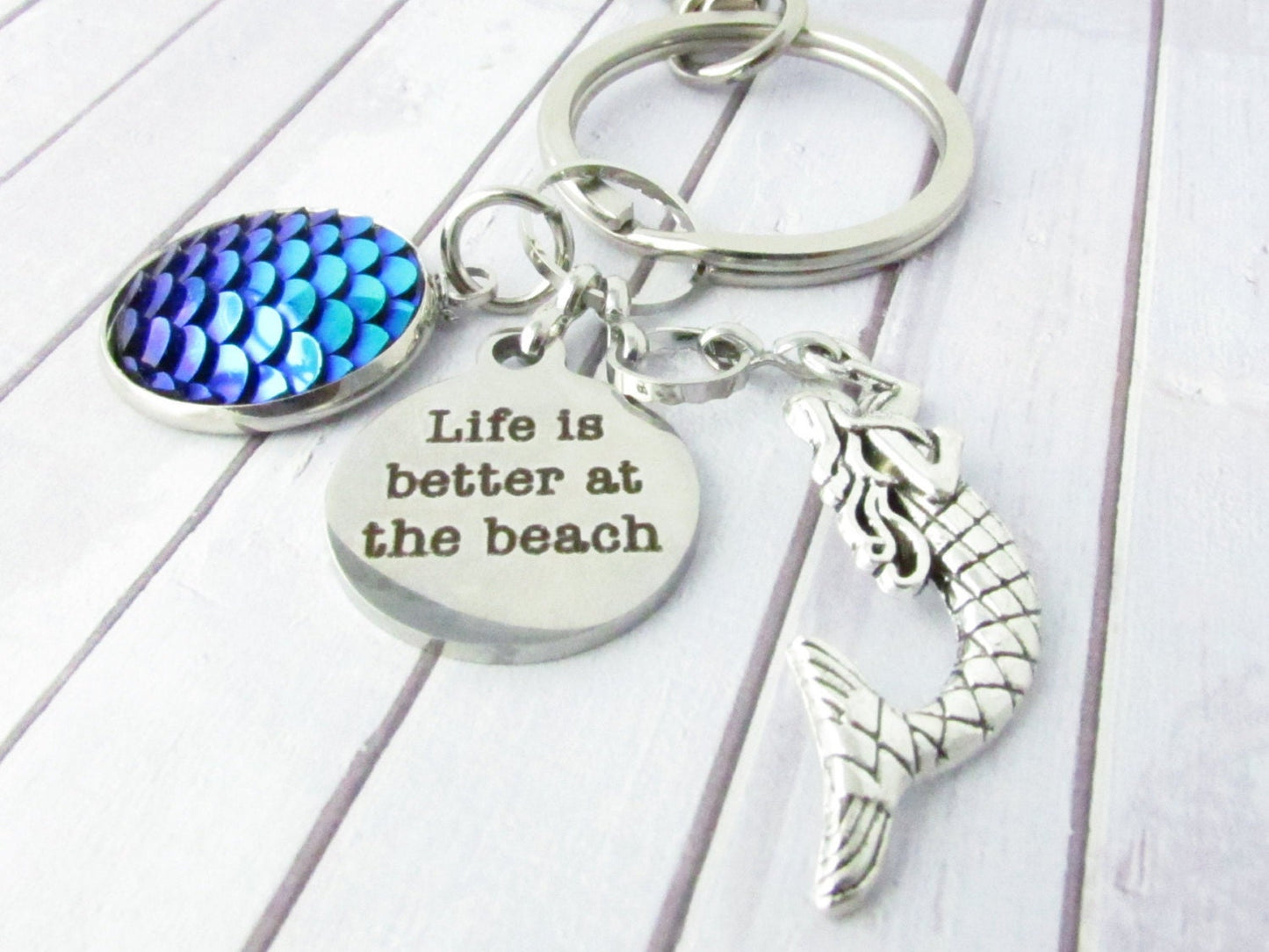 Mermaid Keychain – Life Is Better at the Beach Quote Keyring, Coastal Ocean Gift