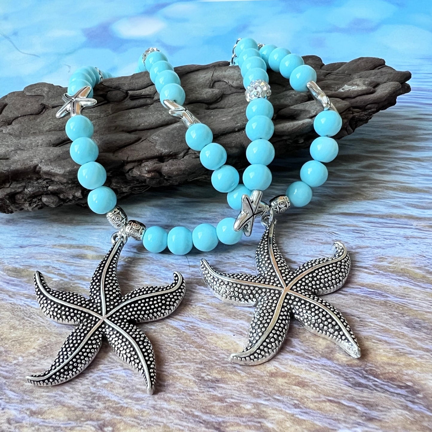 Starfish Curtain Tiebacks – Sea Green Beaded Coastal Shabby Chic Decor, Set of 2