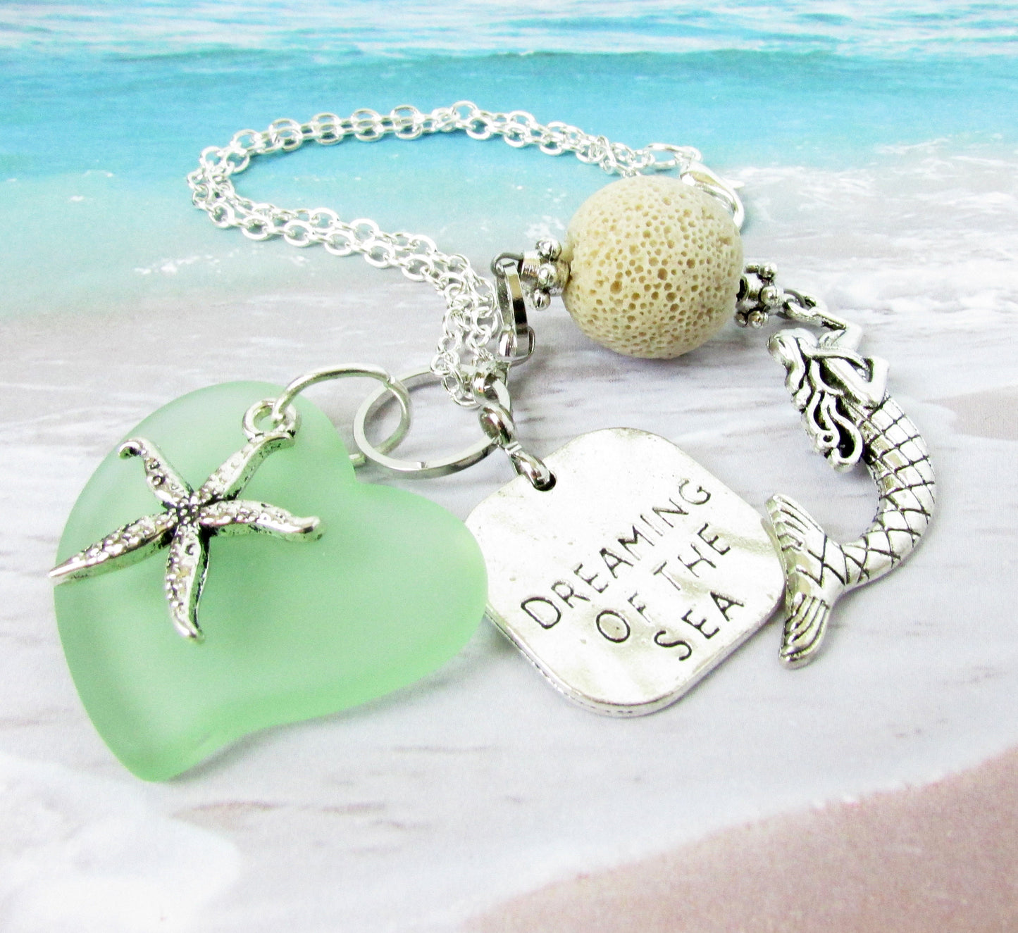 Mermaid Car Charm – Sea Glass Heart & Lava Bead Rear View Mirror Diffuser, Coastal Beach Gift