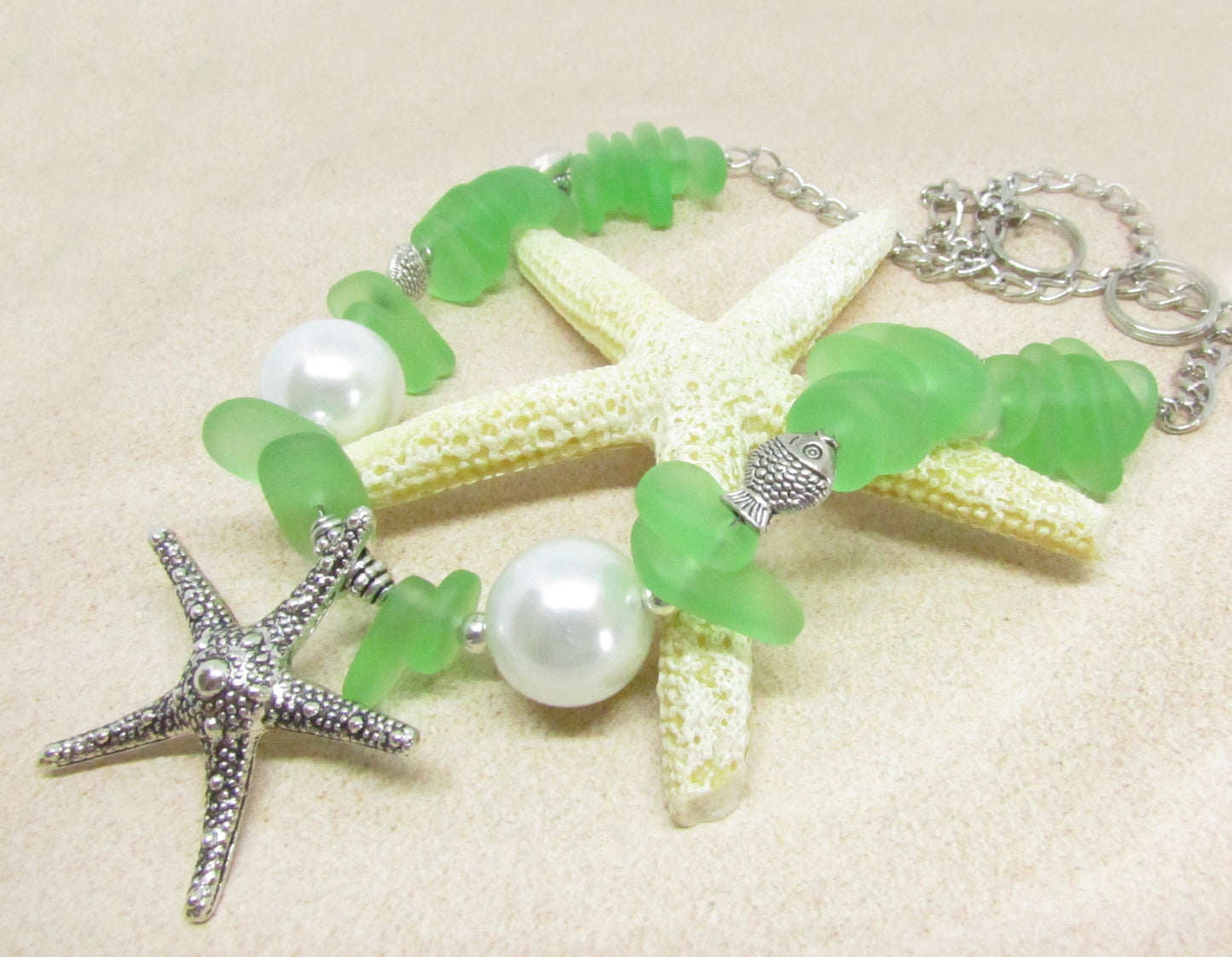 Starfish Curtain Tiebacks – Green Sea Glass Beaded Drapery Holdbacks (Set of 2)