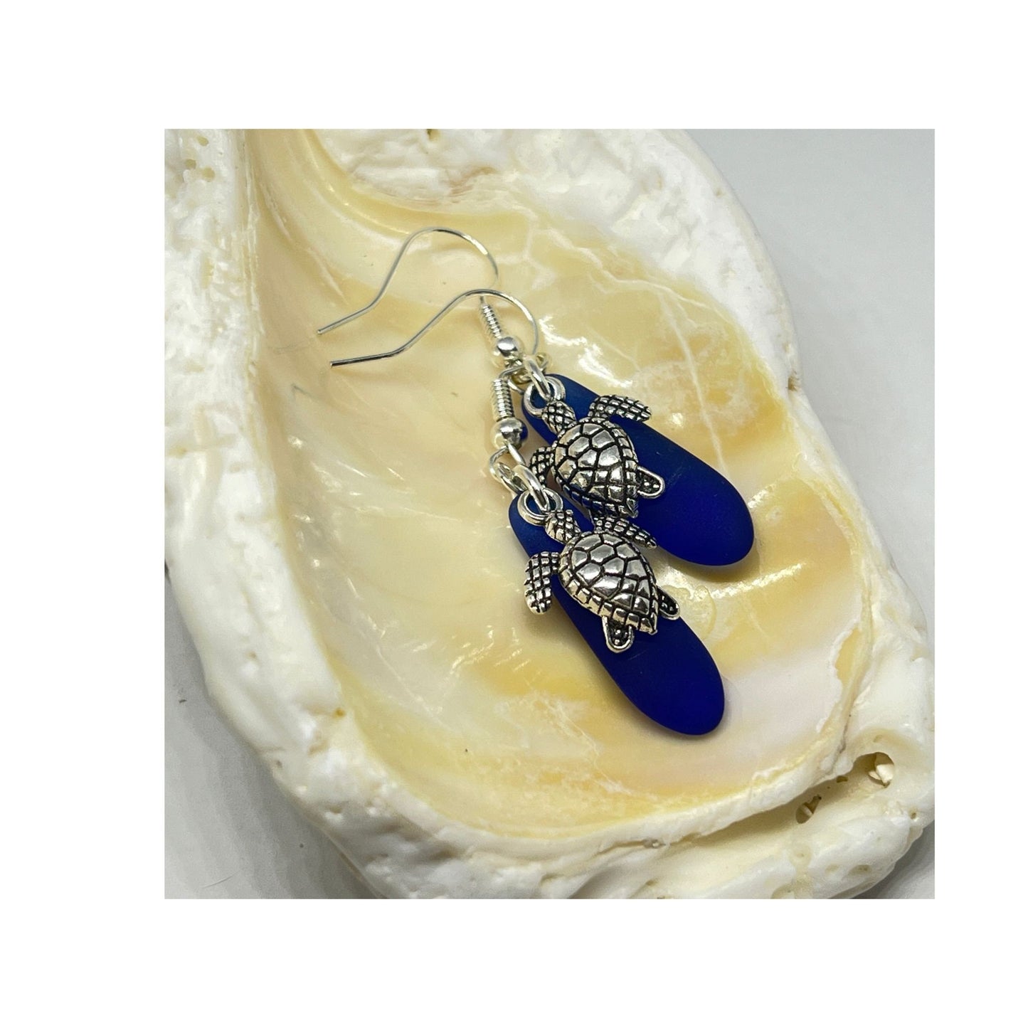 Sea Turtle Sea Glass Earrings – Cobalt Blue Handmade Ocean Jewelry
