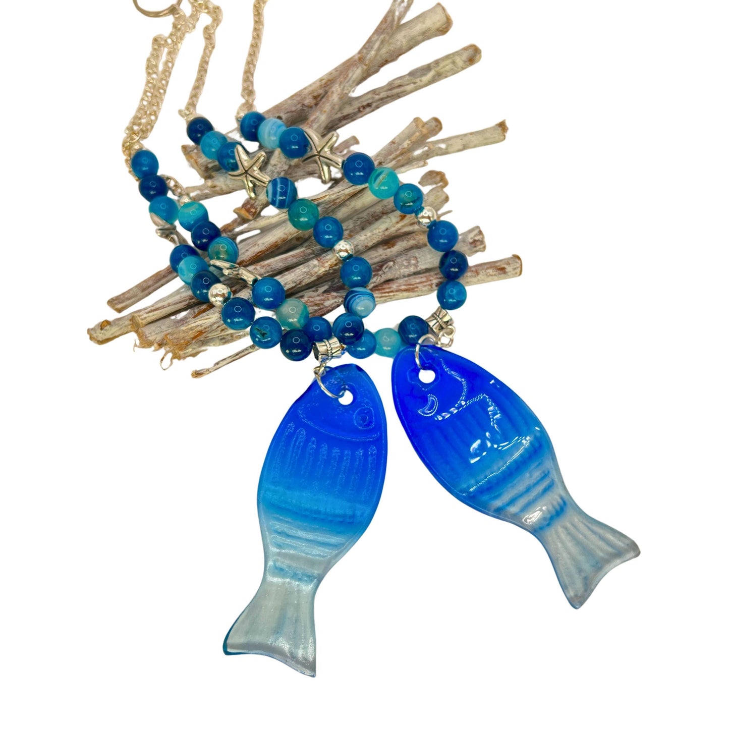 Blue Glass Fish Curtain Tiebacks – Ombre Beaded Nautical Beach Home Decor, Handmade Set of 2