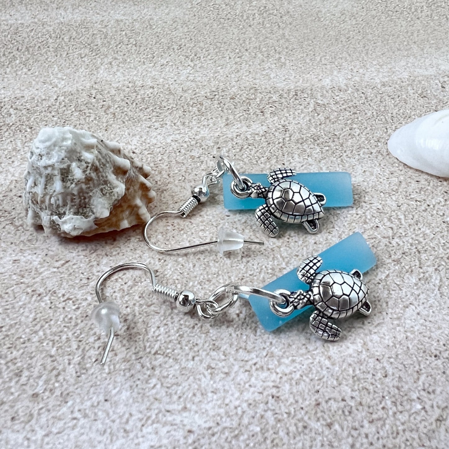 Sea Glass Turtle Dangle Earrings – Beach Wedding Jewelry in Yellow or Blue, Coastal Gift