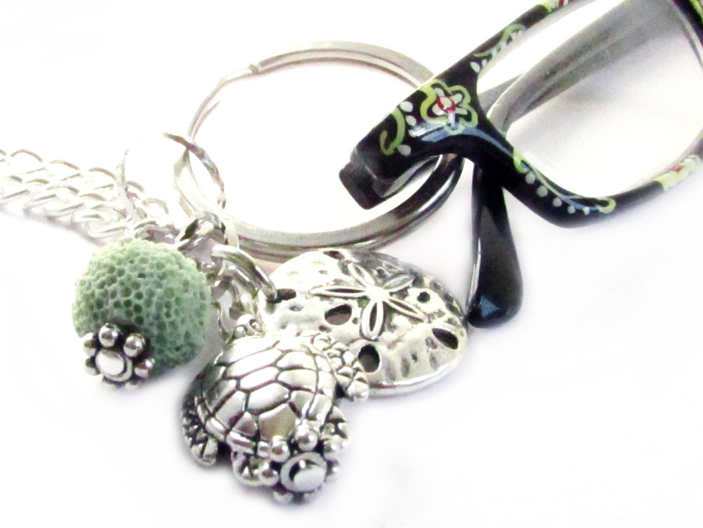 Handmade sea turtle lanyard with lava bead aromatherapy and sand dollar charm, ID badge and eyeglass chain