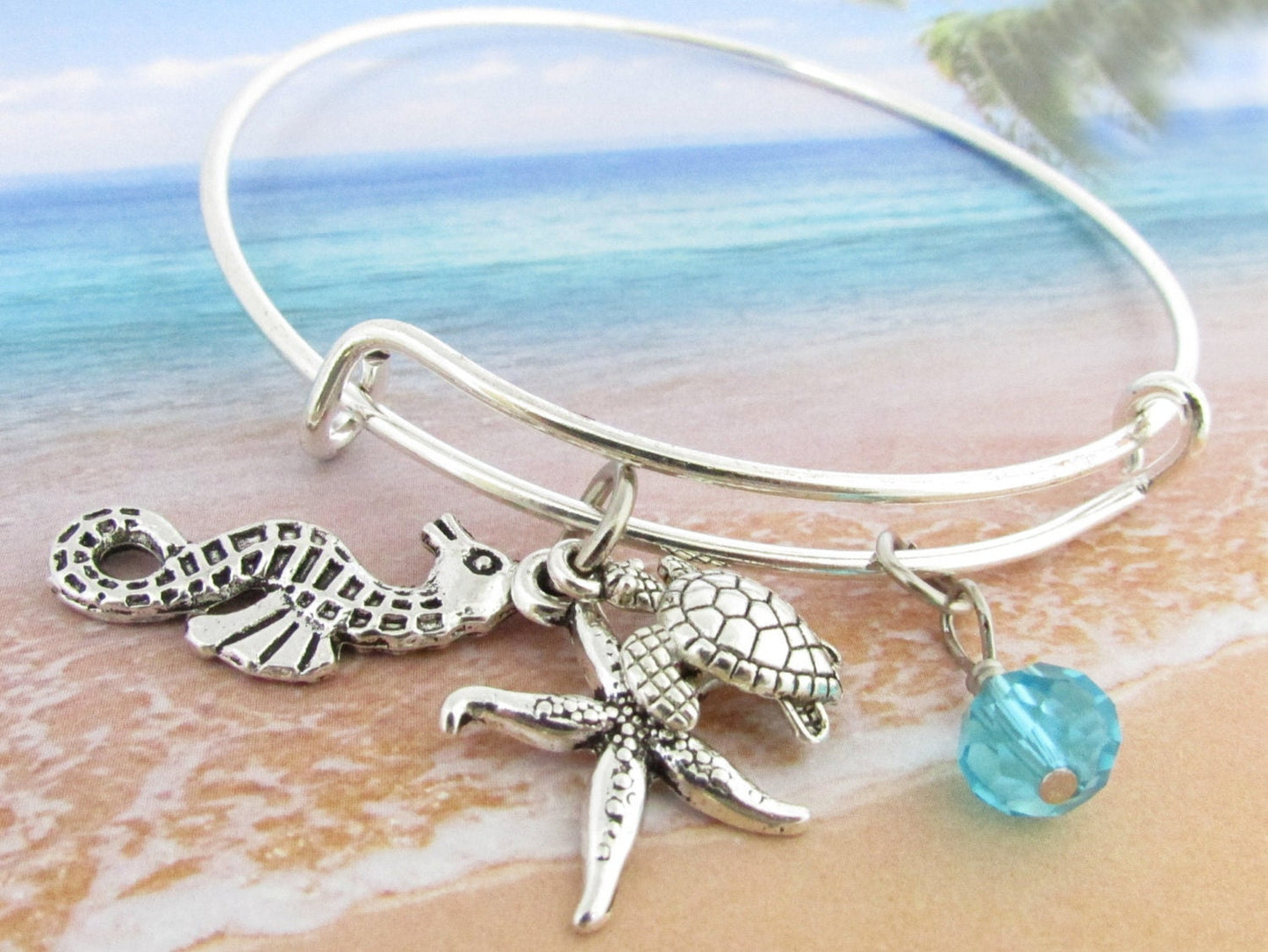 Sea Turtle Bangle Bracelet – Starfish & Seahorse Charms, Handmade Ocean Beach Jewelry Gift