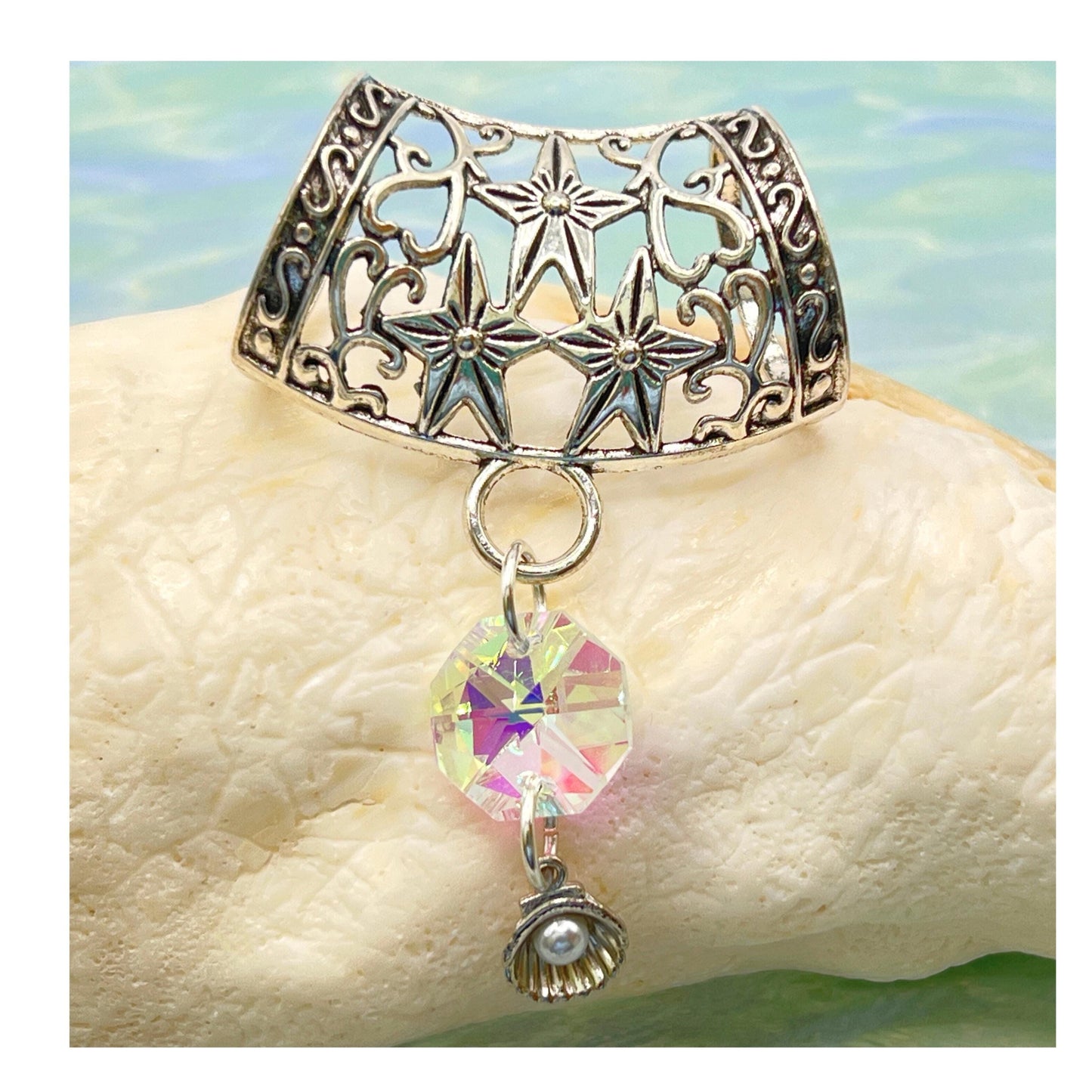 Seashell Scarf Pendant Slide – Silver Shell with Pearl Accent, Beach Scarf Jewelry