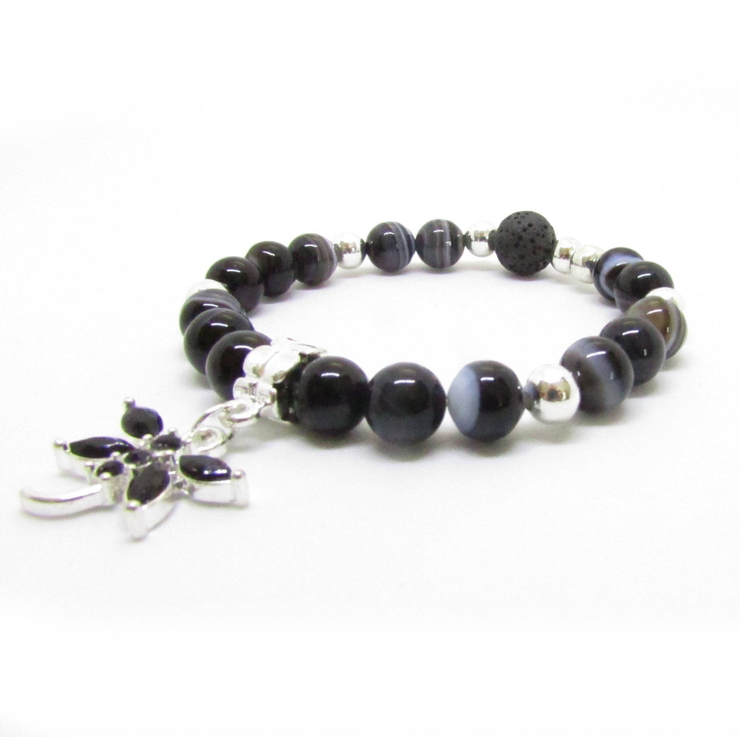 Dragonfly Charm Bracelet – Botswana Agate & Lava Stone Aromatherapy, Handmade Boho Jewelry
