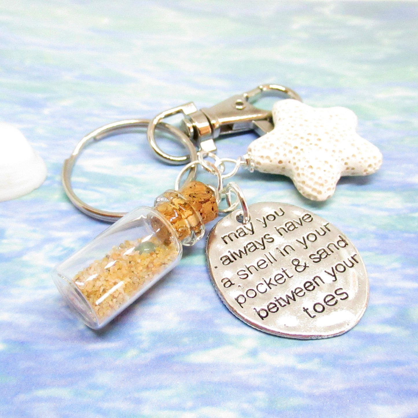 Beach Bottle Keychain – Sand Vial, Starfish Charm & Inspirational Quote, Coastal Ocean Gift